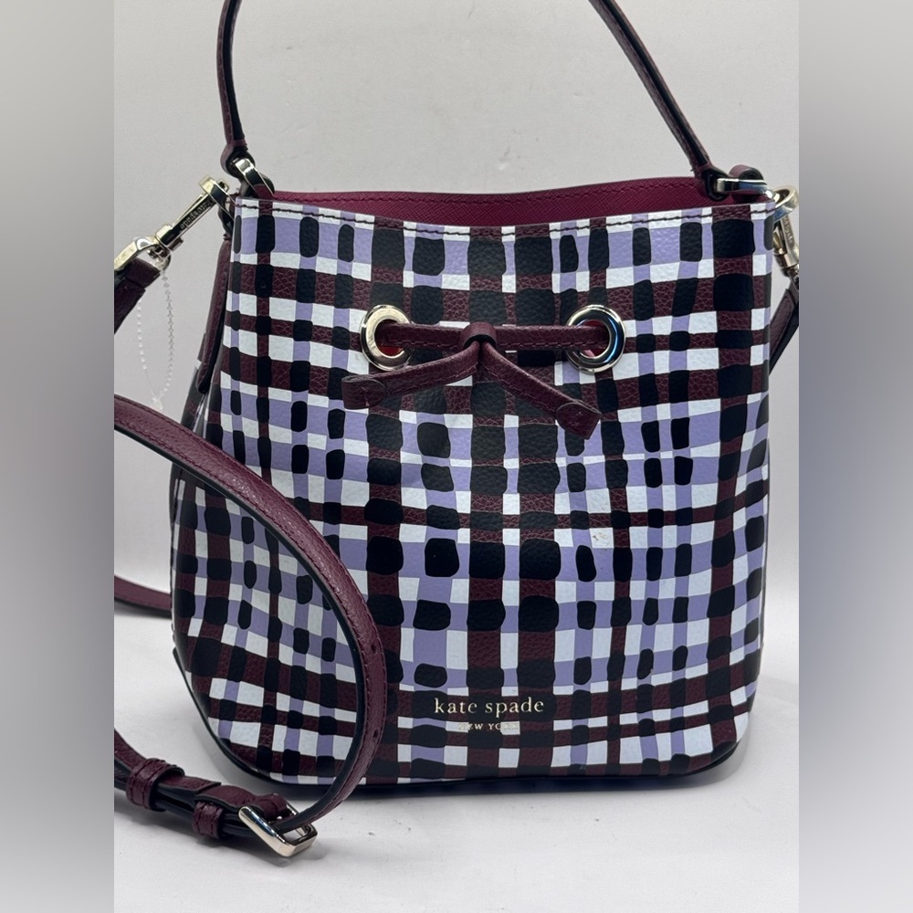 Kate Spade Eva Bucket small crossbody Bag Purple Multi plaid